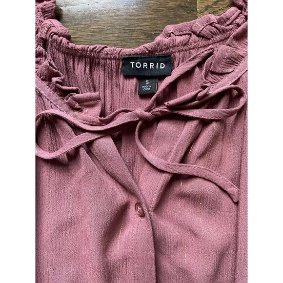 Torrid Blouse Womens Plus Size 5 Mauve Button-Front Ruffle‎ Neck & Tie Detail - Picture 2 of 10